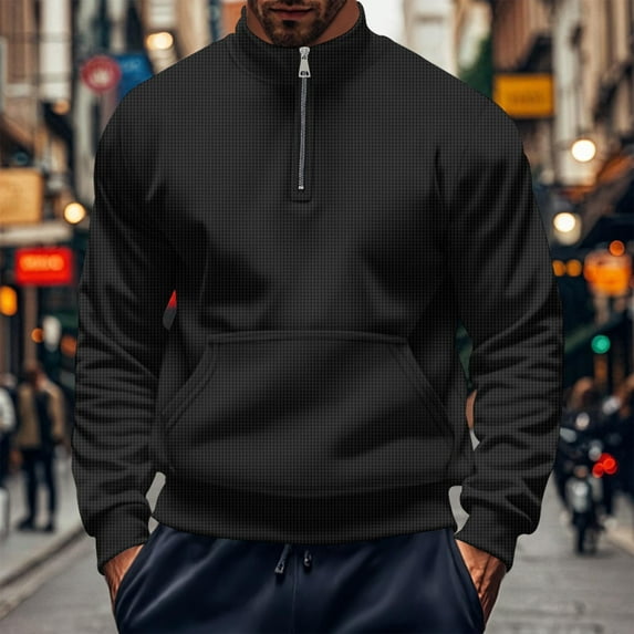 lkfuzj Men's Waffle Sweatshirt Casual Quarter Zip Pullover Quilted Golf Shirts Long Sleeve Stand Collar Sweater Solid Color Sweatshirt Tops with Pocket - Black