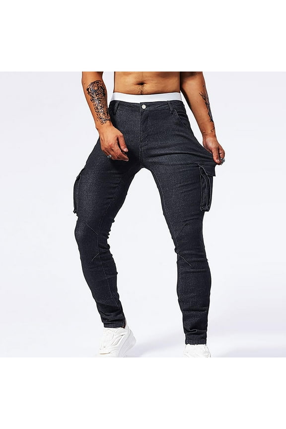 Men's Washed Stretch Skinny Jeans, Solid Color with Multi-Pockets Button Elastic Cuffed Slim Fit Denim Pants for Casual and Stylish Look
