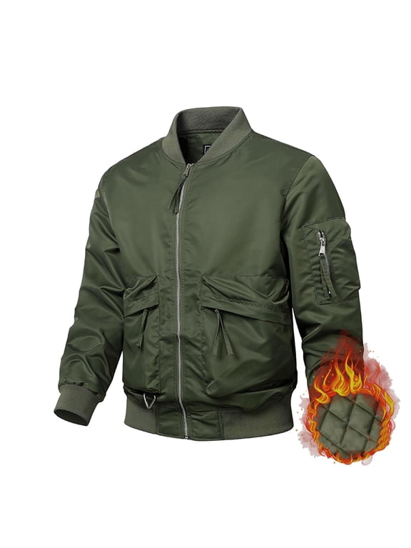 Men's Winter Jacket Cotton Military Jackets Fleece Lined Thick Work Coats Fall Full Zip Stand-up Warm Cargo Jackets with Pockets - Army Green