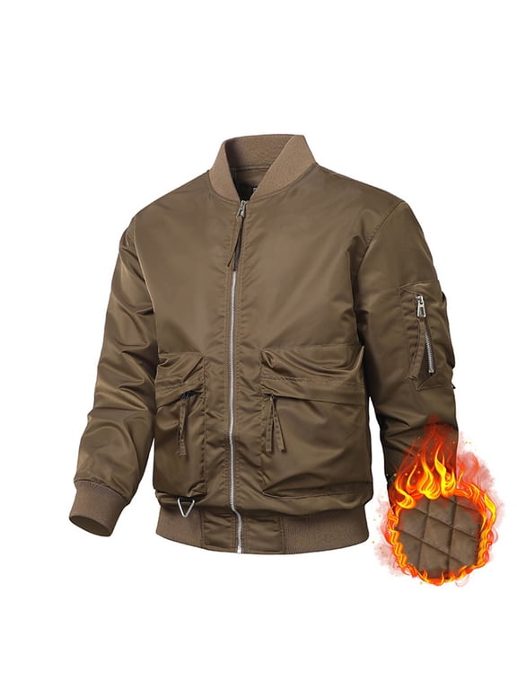 Men's Winter Jacket Cotton Military Jackets Fleece Lined Thick Work Coats Fall Full Zip Stand-up Warm Cargo Jackets with Pockets - Coffee