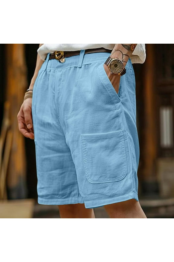 Men's Workout Shorts Cotton Linen Solid Color Beach Short Pants with Pockets Button Zipper Elastic Waist Mid-Length Shorts, Casual Summer Pant for Outdoor Wear