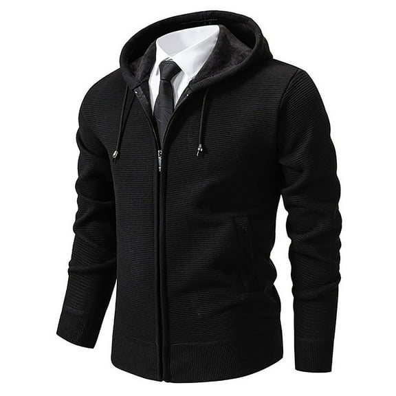 lkfuzj Men's Zip Up Hoodies Coat Casual Long Sleeve Full Zipper Sherpa Fleece Lined Knit Cardigan Sweater Jacket with Pockets - Black