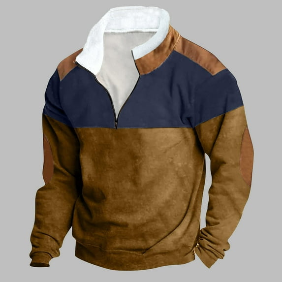 lkfuzj Mens 2024 Casual Hoodless Sweatshirts Fashion Men Winter Zipper Colorblock Casual Tops Long Sleeve V-Neck Sweatshirt Mens Trendy Tops for Athletic, Jogging, Training, Casual Blue