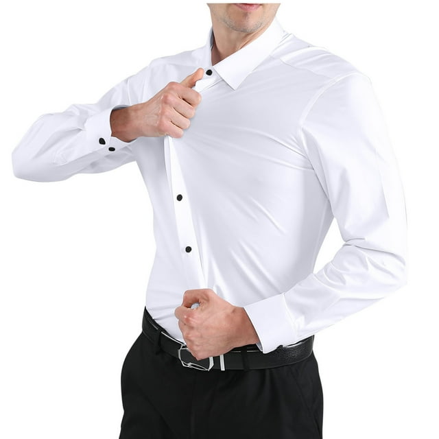 lkfuzj Mens Casual Fashion Solid Elastic Fabric Turndown Collar Buttons Tops Shirts 2024 Mens Dress Shirts Cool TShirts Tops For Men White