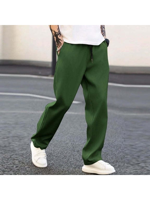 Mens Casual Trousers Elasticated Waist Summer Gym Trouser Plain Straight Leg Sweatpants Loose Fit Athletic Sports Pant Outdoor Beach Wear with Pockets