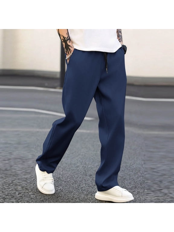 Mens Casual Trousers Elasticated Waist Summer Gym Trouser Plain Straight Leg Sweatpants Loose Fit Athletic Sports Pant Outdoor Beach Wear with Pockets