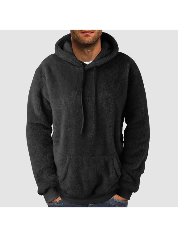 Mens Fashion Athletic Hoodies Sport Sweatshirt Comfortable Solid Color Double-Faced Fleece Hooded Pocket Drawstring Casual Workout Sport Pullover Sweatshirt Black