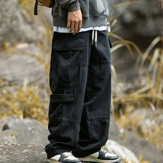 lkfuzj Mens Fashion Baggy Sweatpants Elastic Waist Sweatpants Vintage Cargo Sweatpants Loose Wide Leg Pants Hip Pop Streetwear Casual Pocket Design Retro Casual Pants Black