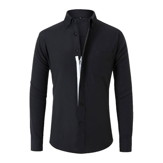 lkfuzj Mens Fashion Solid Turndown Collar Cardigan Business Top Shirt Button Tops 2024 New Mens Slim Fit Dress Shirts Soft Tops For Men Black