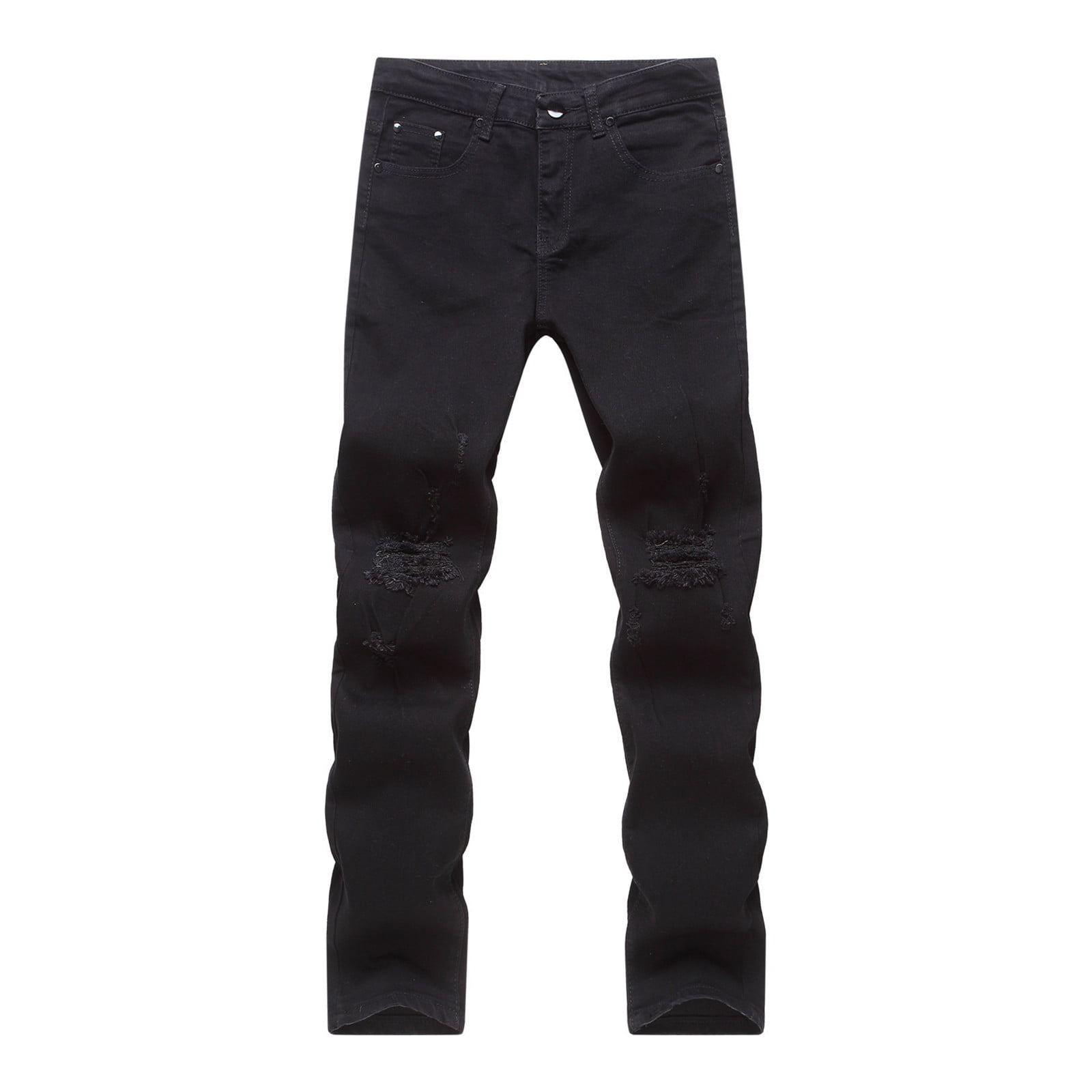 Men High Street Distressed Dark Blue Holes Pattern Slim Fit Jeans Pants
