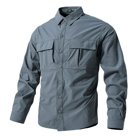lkfuzj Mens Solid Multiple Pockets Turndown Collar Quick Drying Tops Button Workwear Shirts Gray