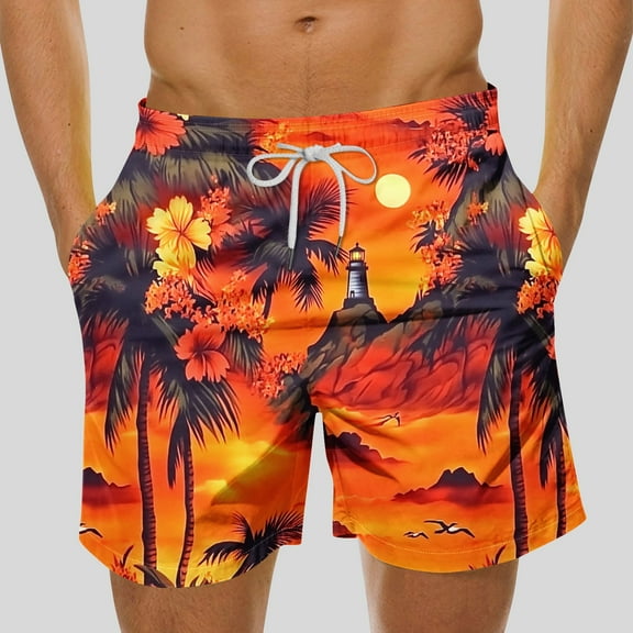 lkfuzj Mens Swimming Shorts Summer Hawaiian Swim Trunks Floral Print Drawstring Bottoms Elastic Waist Swimwear Half Pants Casual Beach Board Shorts