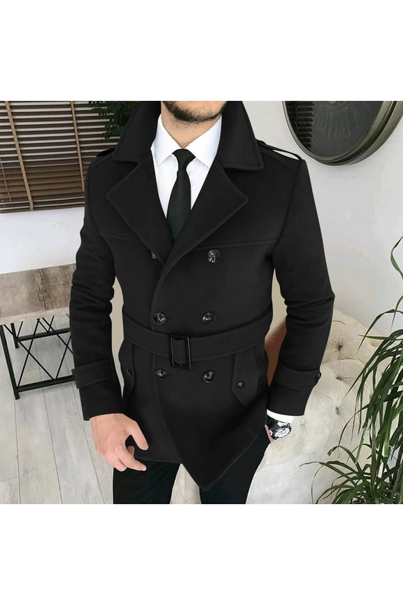Mens Trench Coat Notch Lapel Double Breasted Belted Pea Coat Casual Wool Blend Winter Warm Overcoat With Belt - Black