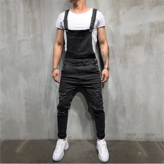lkfuzj Mens Washed Bib Overalls Casual Ripped Jumpsuits Rompers Comfortable Sweatpants Cool Pants Mens Trendy Trousers for Athletic Jogging Training Casual Black