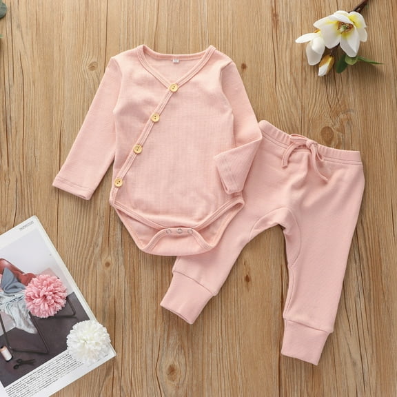 lkfuzj Newborn Baby Boy Girl Clothes Cotton blends Long Sleeve Romper Long Pants Solid Color Fall Winter Outfits Fashion Casual Kids Clothes Outfit Set Pink