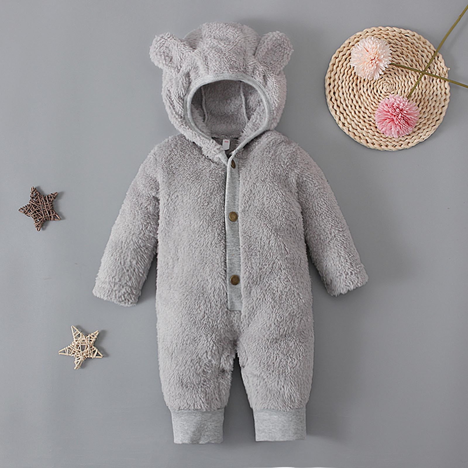 Newborn Baby Fleece Jumpsuit - Hooded Bear Romper With Zipper, Winter Snowsuit For Boys & Girls