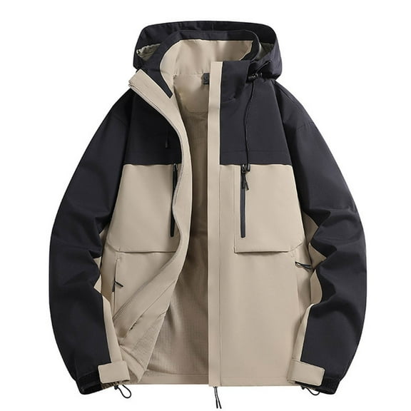 lkfuzj Rain Jacket for Men, Mens Casual Waterproof Windproof Raincoat Lightweight Jackets Outdoor Hooded Coat Stitching Color Zipper Pocket Windbreaker with Hood - Khaki