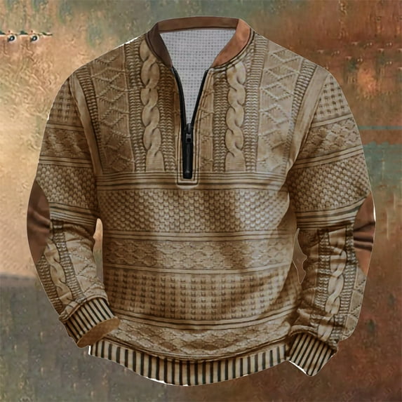 lkfuzj Sweatshirts for Men Fashion Ethnic Print Vintage Golf TShirt Long Sleeve Shirt Quarter Zipper Stand Collar Pullover Tops - Khaki