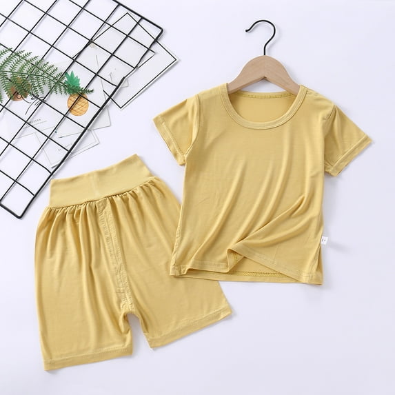 lkfuzj Toddler Baby Boy Gril Summer Solid Color Round Neck Short Sleeved Solid Color T-shirt High Waisted Shorts Set 2024 New Casual Outfits Set 2Pcs For Kids 6 Months-7 Years Yellow