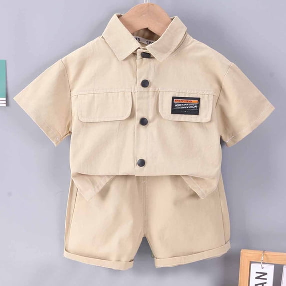 lkfuzj Toddler Baby Boy Gril Summer Solid Color Short-sleeved T-shirt + Shorts Set 2024 New Casual Outfits Set 2Pcs For Kids 1-5 Years Khaki