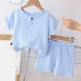 thumbnail image 1 of lkfuzj Toddler Baby Boy Gril Summer Solid Crepe Gauze Short-sleeved T-shirt + Shorts Set 2024 New Casual Outfits Set 2Pcs For Kids 1-5 Years Light Blue, 1 of 9