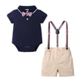 thumbnail image 1 of lkfuzj Toddler Baby Boy Outfits Boys Suit Cotton Cotton Solid Short Sleeve Shirts+Bowtie+Suspender Shorts Gentleman Clothes 2024 Summer New Toddler Baby Formal Clothes (6-24 months) Navy, 1 of 9