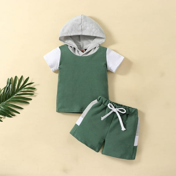 lkfuzj Toddler Baby Boys Girls Clothes Solid Color Short Sleeve Hooded T-Shirt Top Shorts Set Infant Cute Summer Outfit Set 2 Piece For Kids 3 Months-3 Years Green