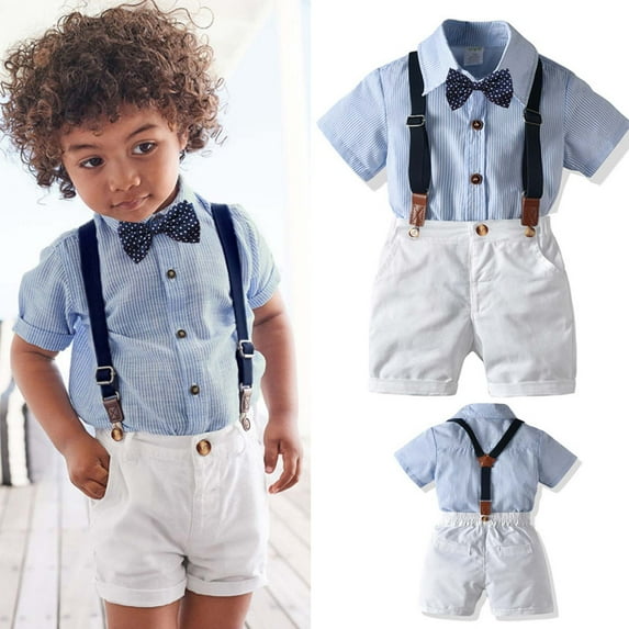 lkfuzj Toddler Dress Suit Baby Boys Clothes Sets Bowtie Shirts Suspenders Shorts Tie 3pcs Gentleman Outfits Suits For Kids 2 Months - 11 Years White