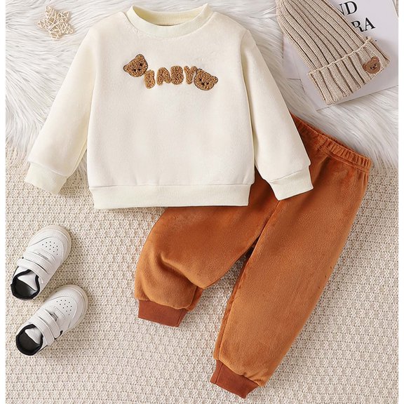 lkfuzj Toddler Girls Boys 2 Piece Sets Plus Velvet Warm Loungewear Baby Kids Cute Striped Bear Printed Sweatshirt Top+Casual Pants Fall Winter Children Tracksuits Outfit - Beige