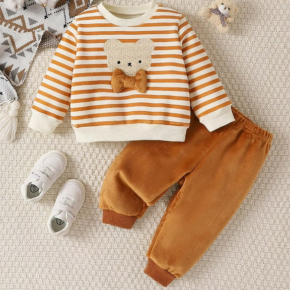lkfuzj Toddler Girls Boys 2 Piece Sets Plus Velvet Warm Loungewear Baby Kids Cute Striped Bear Printed Sweatshirt Top+Casual Pants Fall Winter Children Tracksuits Outfit - Brown