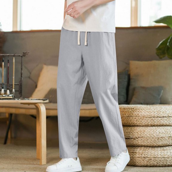 lkfuzj Trousers for Men Lightweight Casual Drawstring Bottoms Elastic Waist Straight Leg Sweatpants with Pockets Trendy Solid Color Summer Slacks Holiday Comfy Pyjama