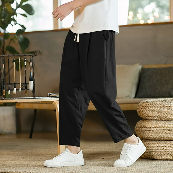 lkfuzj Trousers for Men Lightweight Casual Drawstring Bottoms Elastic Waist Straight Leg Sweatpants with Pockets Trendy Solid Color Summer Slacks Holiday Comfy Pyjama
