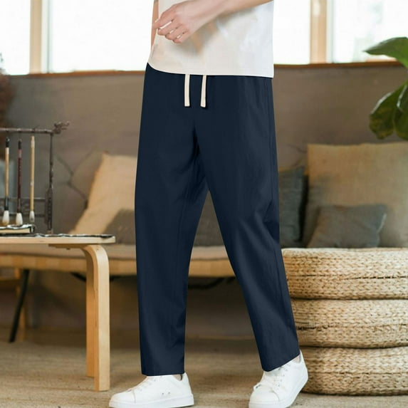 lkfuzj Trousers for Men Lightweight Casual Drawstring Bottoms Elastic Waist Straight Leg Sweatpants with Pockets Trendy Solid Color Summer Slacks Holiday Comfy Pyjama