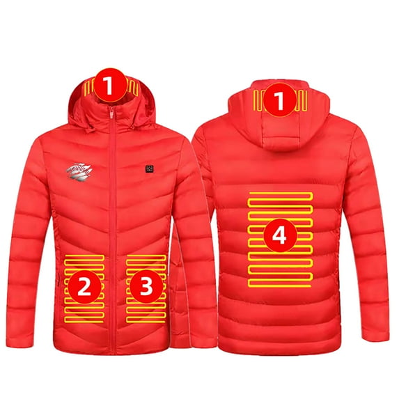 lkfuzj Unisex Heated Hoodie Jacket with 4 Heating Zones, Warm Rugby Printed Zipper Heating Puffer Outerwear, Women Men Intelligent USB Charging Long-Sleeved Hooded Coat Without Battery Pack - Red