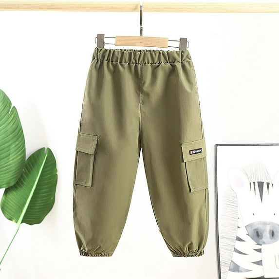 lkfuzj Unisex Kid Boys Fall Solid Color Length Pants Elastic Waist with Pockets Lounge Trousers Girl Boys Fashion Casual Trousers Cargo Pants For Kids 6 Months-5 Years Army Green