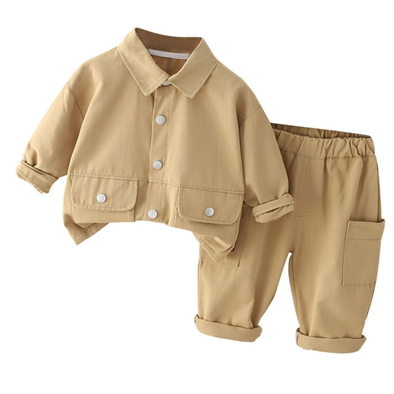lkfuzj Unisex Newborn Baby Boy Girl Clothes Outfit Solid Color Long Sleeve Pocket Shirt Lapel Tops Pants Suit Outfit Fall Winter Clothes For Kids 6 Months - 5Years Khaki