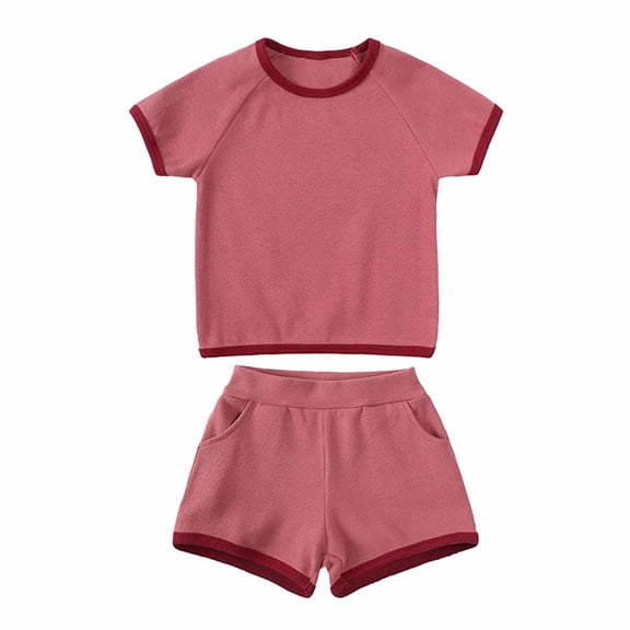 lkfuzj Unisex Toddler Boy Girl Summer Outfits Tracksuit Solid Color 2-Piece Short Sleeve T-shirt & Shorts White Striped Edge Clothes Set Girl Casual Sport Set For Kids 9 Months-5 Years Red