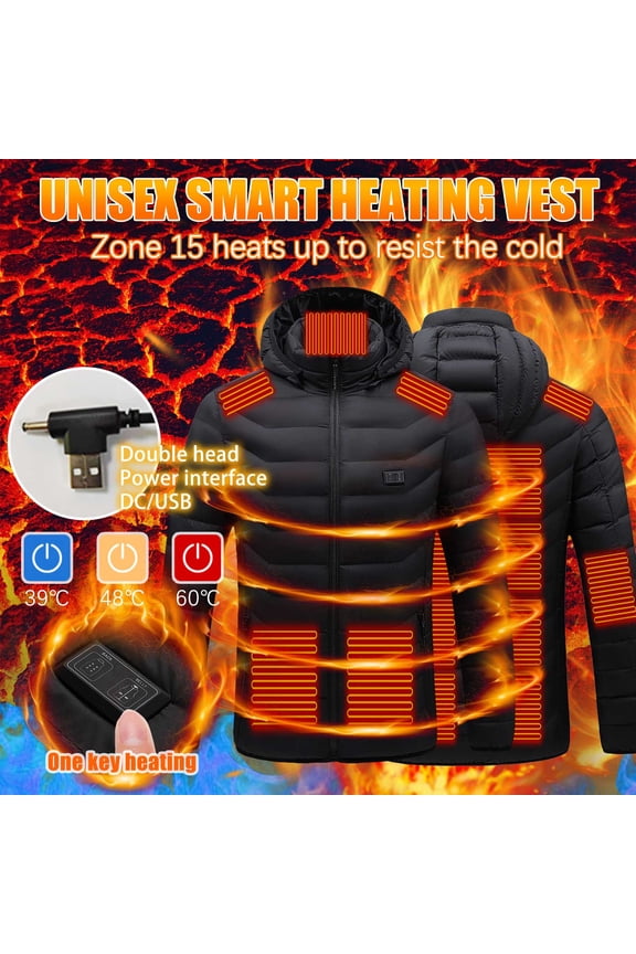 Women Men Heated Hoodie Coat with 15 Heating Zones,Unisex Heated Warm Outerwear Without Battery Pack,Double Control USB Charging Puffer Jacket For Outdoor Riding Skiing Fishing - Black