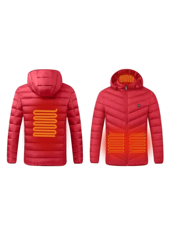 Women Men Heated Hoodie Coat with 4 Heating Zones,Unisex Heated Warm Outerwear Without Battery Pack,Single Control USB Charging Puffer Jacket For Outdoor Riding Skiing Fishing - Red