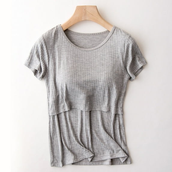 lkfuzj Women's Maternity Shirts Short Sleeves Nursing Tops Double Laye Round Neck Solid Color Breastfeeding Tees Casual Pregnancy Clothes Gray