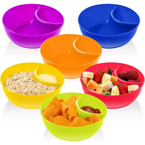 lkjhf Snack and Dip Bowls, Chips Serving Bowls Anti Soggy Divided Bowl plastic Stackable Dish Microwave and Dishwasher Safe Container for Chips, Dips Snacks Salsa Salad Nuts, 6 Colors (6 Pcs)