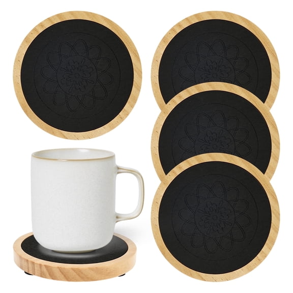 Qenwkxz 5PCS Wood Coasters for Drinks, 4.3 Inch Felt Absorbent Coaster, Non-Slip Drink Coasters for Coffee Tabletop Protection, Non-Stick, Suitable for Kinds of Cups Wooden Table Drink