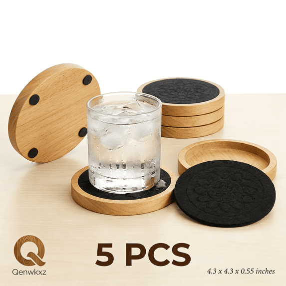 Qenwkxz 5PCS Wood Coasters for Drinks, 4.3 Inch Felt Absorbent Coaster, Non-Slip Drink Coasters for Coffee Tabletop Protection, Non-Stick, Suitable for Kinds of Cups Wooden Table Drink