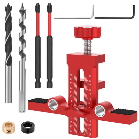 lkoopy Cabinet Door Installation Positioner, 2-in-1 Cabinet Door Installation Jig with Bidirectional Scale for Woodworking 2PCS Drill Bits, Thickened Solid Aluminum Alloy