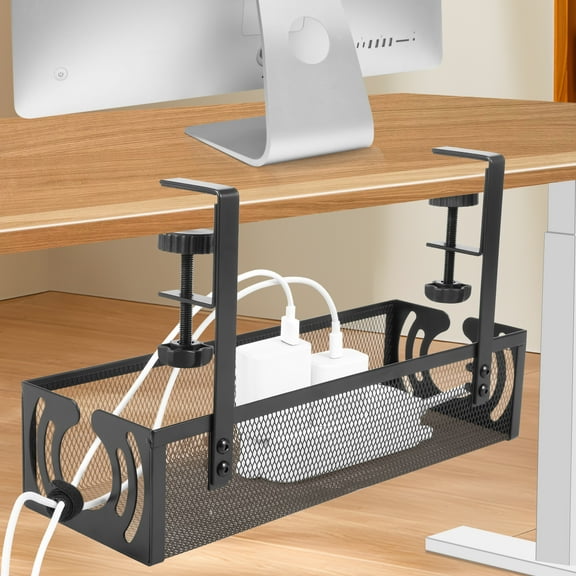 lkoopy Under Desk Cable Management Tray 13.38", Cable Raceway Organizer No Drill, Cable Management Box, Standing Cord Organizer and Wire Management Tray - No Damage to Desk(Black)