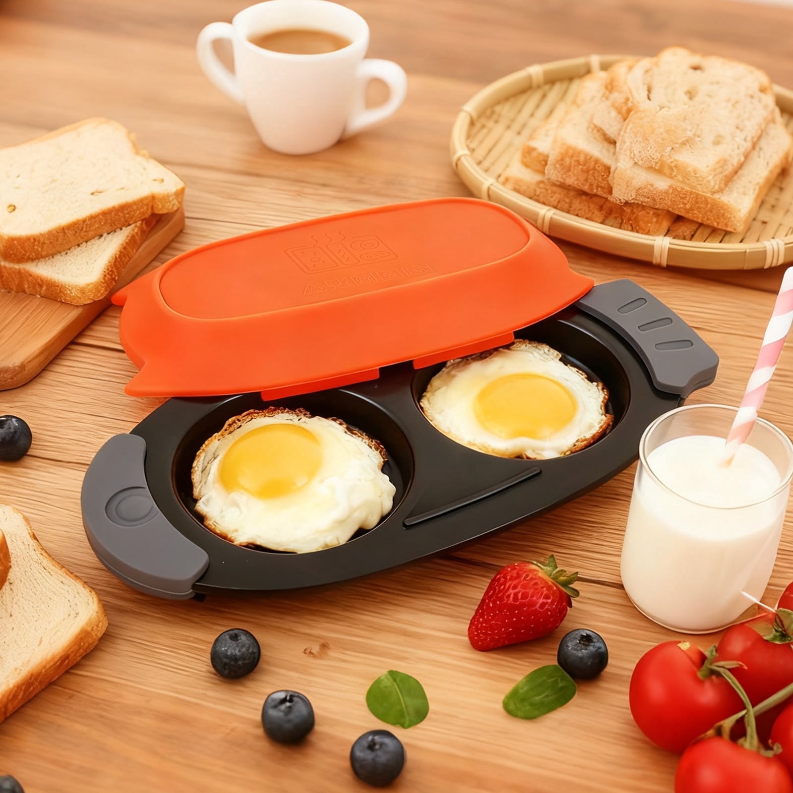 Qenwkxz Microwave Egg Fryer, 2 Cavity Quick Heat Microwavable Egg Maker with Silicone Lid for Breakfast Sandwiches Kitchen