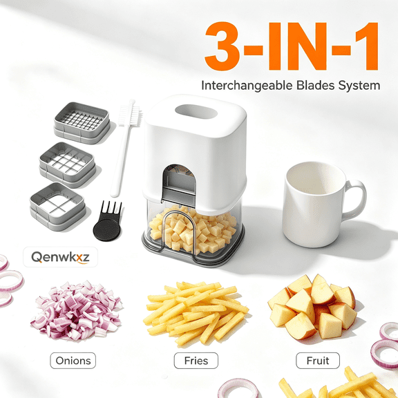 Vegetable Chopper, Onion Chopper with Container, 3 Interchangeable Stainless Steel Blades Manual Food Dicer for French Fries Slicing