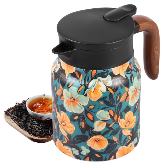 Qenwkxz Vintage Flower Pattern Teapot 33.82oz Vacuum Insulated Stainless Steel Thermal Teapot with Removable Infuser and Wood Handle for Home Office