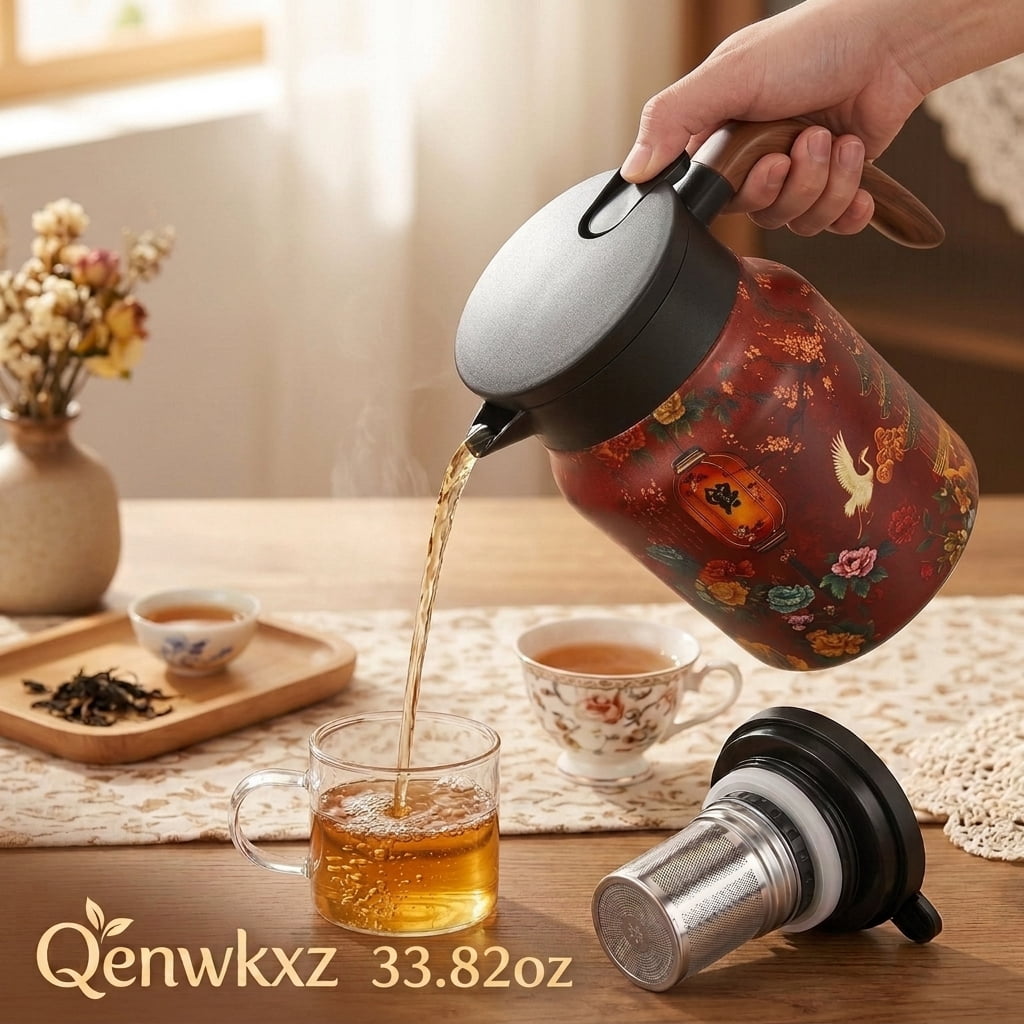 Qenwkxz Vintage Flower Pattern Teapot 33.82oz Vacuum Insulated Stainless Steel Thermal Teapot with Removable Infuser and Wood Handle for Home Office