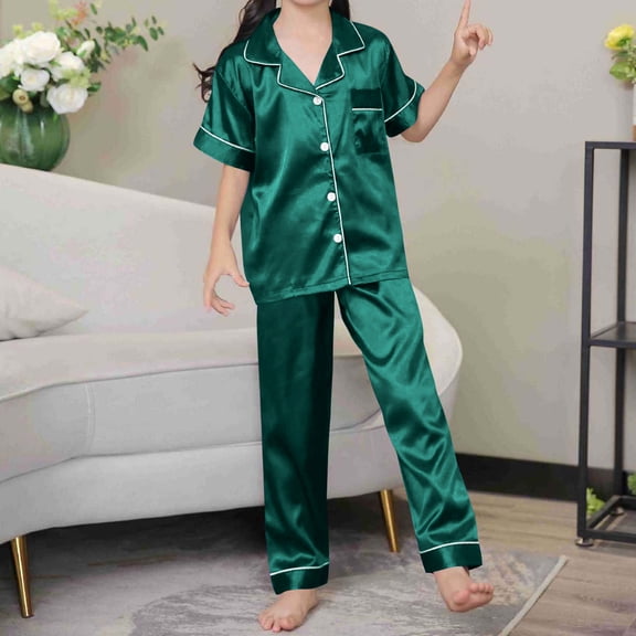lmcalzta 2 Piece Sets for Kids 2 Piece Sleepwear Lapel Button down Short Sleeve Tops Nightwear Outfits with Pants(2-12T)